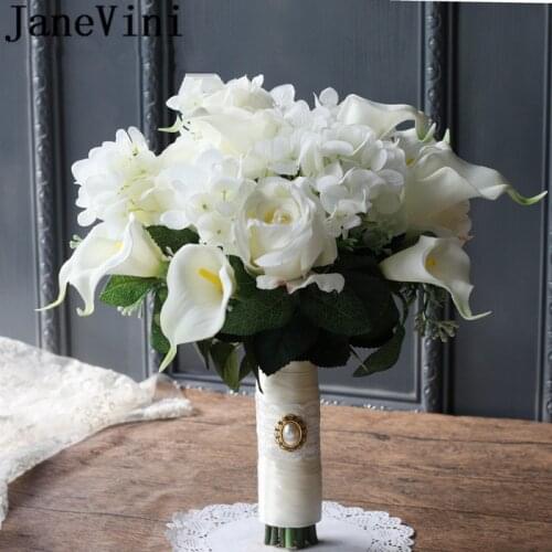 JaneVini 2019 Western Style White Wedding Flowers Calla Lily Rose Hydrangea Wedding Bride Bouquet Vintage Bridesmaid Bouquets