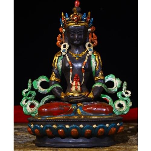 9"Chinese temple collection Old Bronze Tracing Immortal Life Wisdom Tathagata Longevity Buddha Sitting Buddha Ornaments