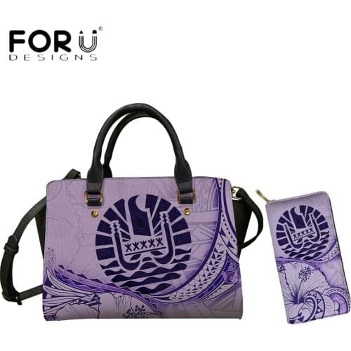 FORUDESIGNS Hot Sales Satchel Bags For Women Tahiti Hibiscus Polynesian Print Pu Leather Handbags 2pcs Casual Totes Sac Purse