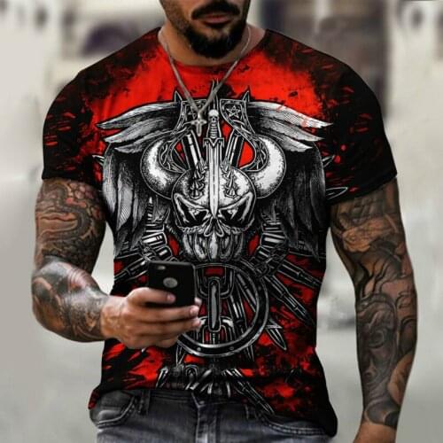 2021 summer hot street fashion mens T-shirt black skull horns 3D printing short sleeve mens large size casual loose