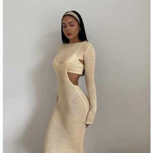 2021 New Autumn Winter Camisole Long Sleeve Dress Set Women Clothing Party Club Two-Piece Suit Bodycon Maxi Dress