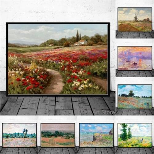 Claude Monet Poplars Poppy fields Landscape Impressionist Oil Painting Canvas Posters Prints Wall Picture for Living Room Decor