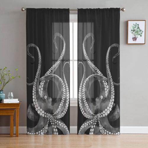 Black Grey Octopus Sheer Curtains for Living Room Modern Voile Curtain Bedroom Tulle Curtains Window Drapes Decor