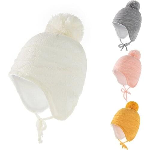 Winter Baby Hat Solid Color Pompom Knit Boys Girls Beanie Cap Outdoor Warm Thick Ear Protection Toddler Kids Hats Bonnet