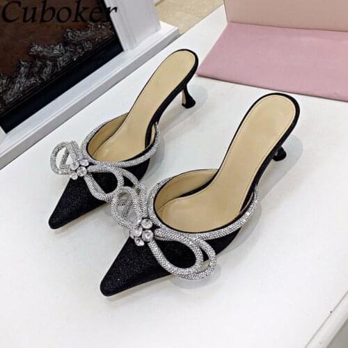 Brand Designer High Heel Women Slippers Pointed Toe Bowknot Bling Bling Crystal Ladies Slides Summer Party Wedding Shoes Woman