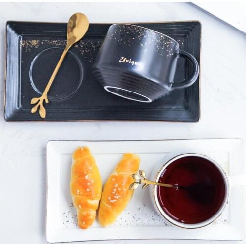 Light Luxury Coffee Set Gold Painting Coffee Cup with Square Saucer and Spoon for Office and Home Tea Time Coffee Set for Shop