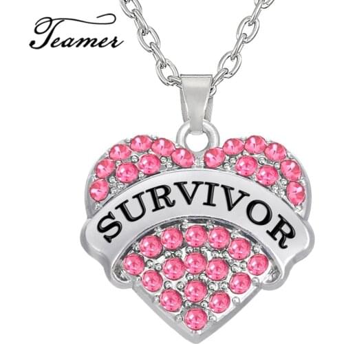 Teamer Breast Cancer Support Survivor Necklace Engraved Letter Pendant Gift Jewelry for Cancer Survivor Crystal Accessories