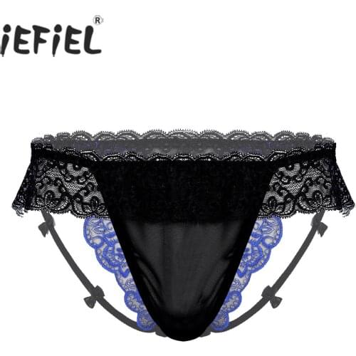 Men See-through Embroidery Sexy Briefs Low Waist Lingerie Underpants Transparent Mesh Cutout Ruffles Panties for Valentines Day