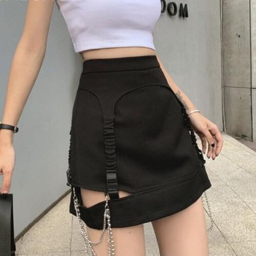 Street Style Black Skirt For Women High Waist Hollow Out Patchwork Chain Designer Mini Skirts Female 2021 Fashion Summer X200