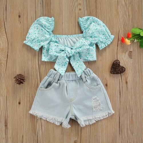 1-7Y Summer Fashion Girls Clothes Sets Kids Floral Print Puff Sleeve Knotted Tops Rough Selvedge Ripped Denim Shorts 2pcs Outfit
