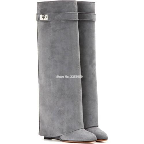 ALMUDENA Women Luxury Brand Shark Lock Knee High Tall Boots Folded Leather Motorcycle Boots Wedge Heel Height Increasing Boots