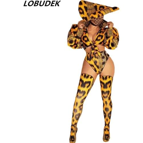 Women Jazz Costume Sexy Nightclub Bar Party DJ DS Hat Tops Pants Foot Cover Set Outfit Leopard Dance Clothing Singer Stage Wear