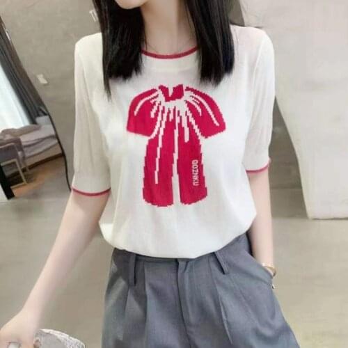2021 summer new bowknot jacquard round neck short sleeve ice silk top womens casual age reducing loose thin T-shirt