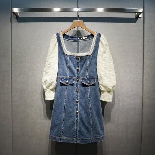 2021 spring new womens clothing temperament lace side square neck mesh long sleeve stitching washed denim slim dress