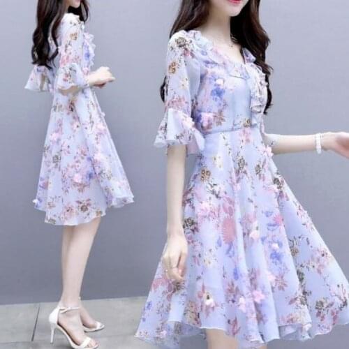 Floral Chiffon Dress Womens 2021 New Summer Korean Mid-length Long Waist Waist Slim Flare Sleeve Skirt Womens Dress