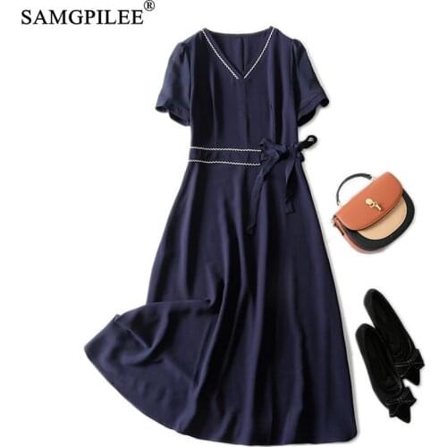 Summer Dresses 2021 New Office Lady A-line Solid Short Sleeve Mid-calf Empire V-neck Chiffon Dress Women With Belt Plus Size 4XL