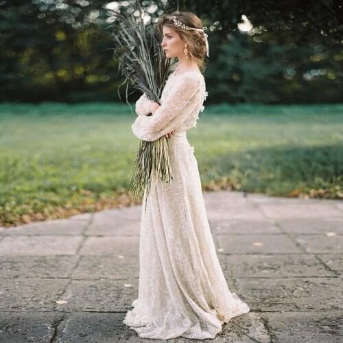 Unique Gold Ivory Lace Wedding Dresses Long Sleeve A Line Bridal Gowns Bohemian Vestido De Noivas DW213