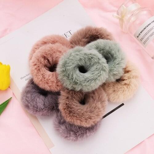 5pcs Fluffy Faux Fur Furry Scrunchie Elastic Solid Hair Ring Rope Band Tie Round Girls Ponytail Plush Hair Styling Tool