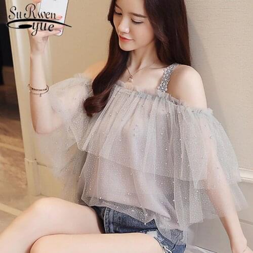 Fashion chiffon blouse womens clothing white blouse sexy slash neck women shirts short sleeve blouses lace women tops 1988 50