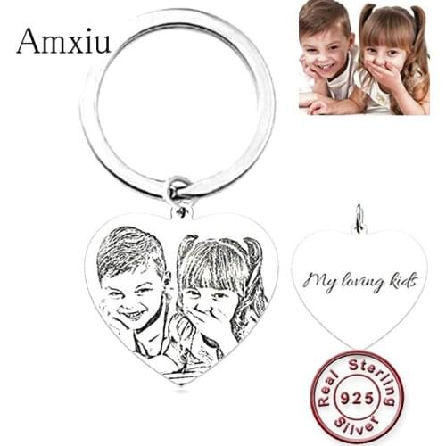Amxiu Customize 925 Silver Heart Pendant Keychains Engrave Name Photo Key Chains For Mom Womens Day Gifts Personalized Jewelry