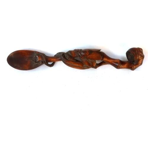 YIZHU CULTUER ART Collection Ancient China Old Boxwood Hand Carved Lovely cicada Tea spoon Family Decoration Gift