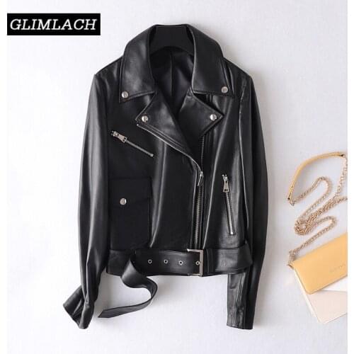 Black Motorcycle Leather Jacket Women Genuine Lambskin Real Leather Coat Ladies Short Overcoat Streetwear Autumn Female Clothes