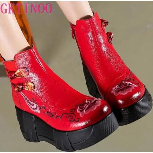 GKTINOO Handmade Genuine Leather Womens Boots Round Toe Retro Thick-soled Wedges Ankle Boots Embroidered High-heeled Boots 2020