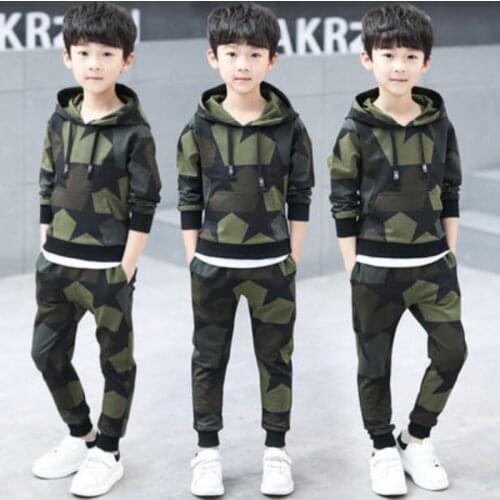 Two Piece Camouflage Hoodies Pants Full Set for Kids Boys Fashion Childrens Wear Spring and Autumn
