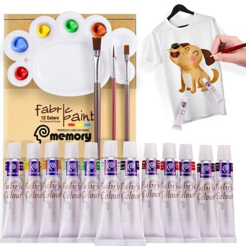 Memory 12 Colors Acrylic Fabric Paints Set Dye for Textile Art Painting Pigments on Clothing - Include 3 Brushes & 1 Palette