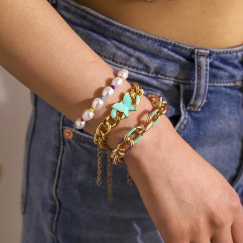 INS Exaggerated Rainbow Thick Chain Set Temperament Butterfly Pearl Multilayer Bracelet Personalized Wrist Ornament for Women