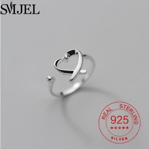 Genuine 925 Sterling Silver Minimalist Love Heart Ring Women Wedding Hollow Heart Open Ring Jewelry Cute Valentines Day Gift