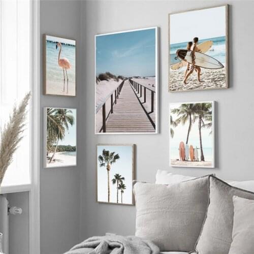 Nordic Seaside Landscape Bridge Flamingo Surfboard Palm Tree Canvas Posters And Prints Wall Art Painting For Living Room Decor