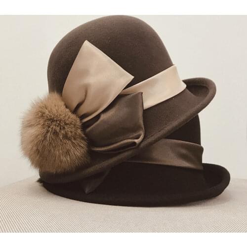 Fibonacci 2019 New Felt Wool Fedoras Hair Ball Dome Bucket Autumn Winter Female Elegant Hat for Women Fedora Hat