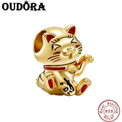 Gold Cute Fortune Cat Fit Original Pandora Bracelet Charms 925 Sterling Silver Animal Charm Bead Jewelry Berloque Gift Making