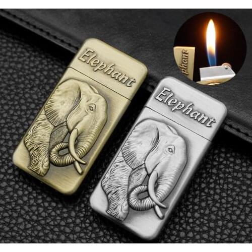 Retro inflatable gas smoking igniter personalelephant embossed grinding wheel open flame cigarette lighter collection gift