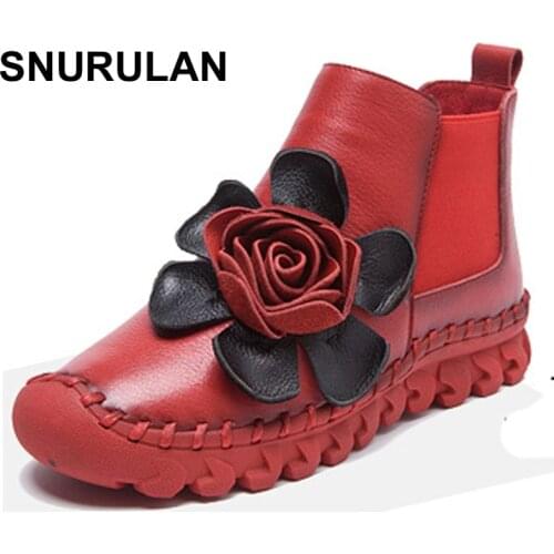 SNURULAN fashion women 2017 winter genuine leather handmade low heel vintage flower shoes short warm boots motorcycle botas