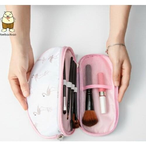 Beibaobao 2021 new simple double layer ladies shell cosmetic bag hand print storage bag essential oil makeup brush bag Organizer