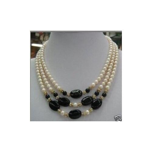 Wedding Woman Jewelry 3 Rows Necklace Natural White Pearl 8-9mm Freshwater Pearl Black Stone Necklace Handmade Free Shipping