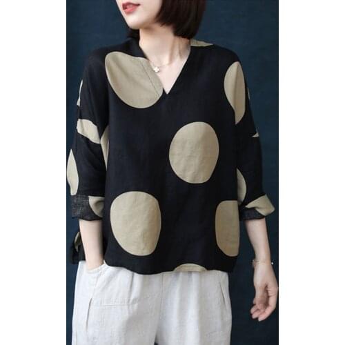 Johnature Spring Linen Long Sleeve Polka Dot Shirt 2021 New Loose Casual All-match Women V-neck Tops Shirts
