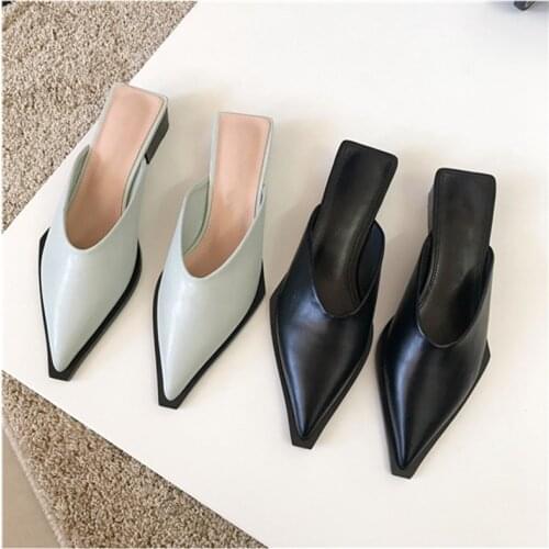 Bailamos New Women Slippers Pointed Toe Shallow Slip On Mules Shoes Square Low Heel Casual Outdoor Slides Ladies Zapatos De Muje