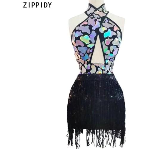 Multi-color Sequin Black Fringe Backless Short Dress Women Latin Dance DS Show Wear Birthday Club Prom Singer Dress