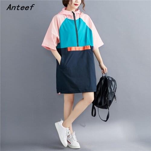 Short sleeve vintage patchwork hooded dresses for women casual loose mini woman summer dress elegant clothes 2021