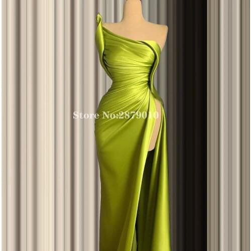 2020 Green Evening Dress Sheath Floor-Length Slit Satin Robe De Soiree Aibye Prom Dress Party Dress вечернее платье Simple Dubai