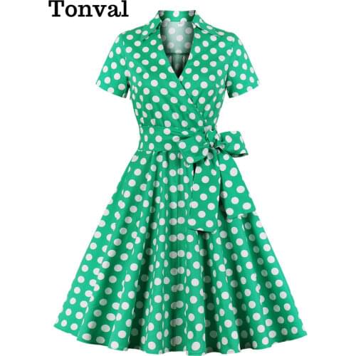 Tonval Green Surplice Neck Wrap Belted Vintage Robes Polka Dot Elegant Dress Women Short Sleeve Summer Pin Up Midi Dresses
