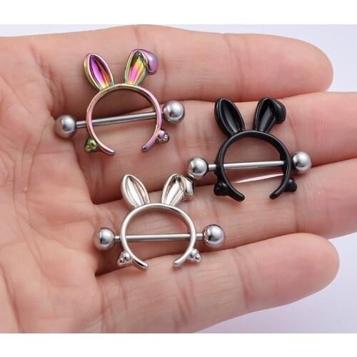 2PC Rabbit Nipple Ring Piercing Barbell Sexy Stainlessl Steel Breast Shield Bar Adult Game for Woman Rainbow Body Jewelry 14G