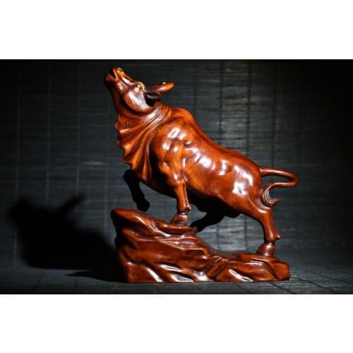 5" China Lucky Old Boxwood Hand-carved Zodiac Bull Statue Wang Cai Niu Fighting Bull Bullish Bull stock Office Ornaments