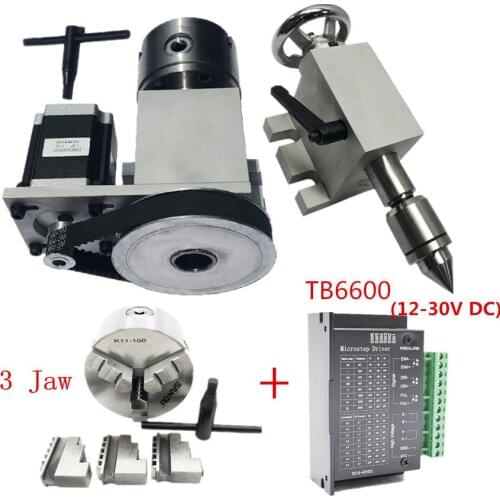 CNC 4th Rotary Axis 100mm/4" K11 3Jaw Chuck for Mini CNC Router Woodwork Driver Dividing Head+ MT2 Tailstock+TB6600