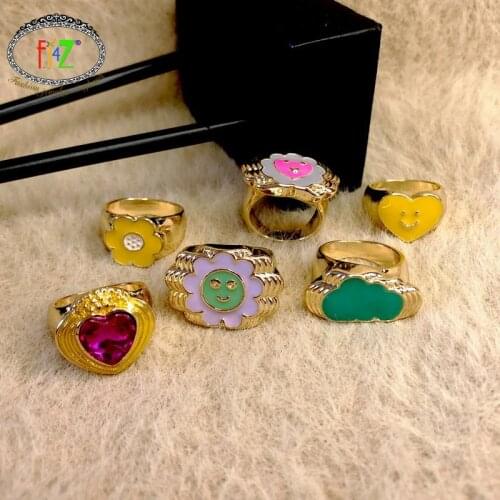 F.J4Z Funny Womens Trend Rings 2021 Fashion Cute Enamel Flower Smile Face Cloud Top Emo Finger Ring lady Special Gifts Jewelry