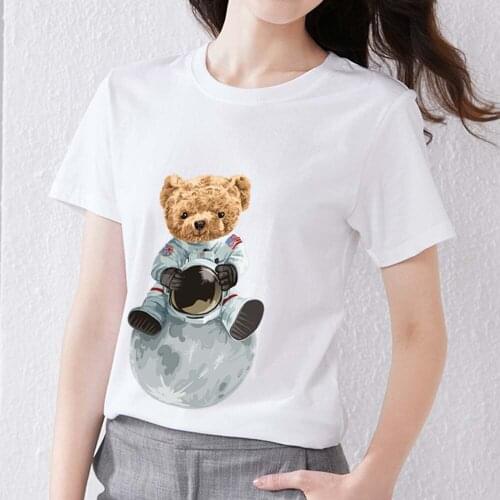 Womens White T-shirt Casual Cartoon Moon Space Bear Print Comfortable Ladies Breathable Youth Slim O-Neck Top Short Sleeve