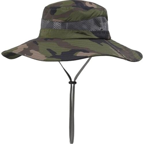 Mens Camouflage Camping Travel Sunscreen Fisher Cap Adjustable Size Summer Mesh Breathable Hiking Hat Fishing Bucket Hat